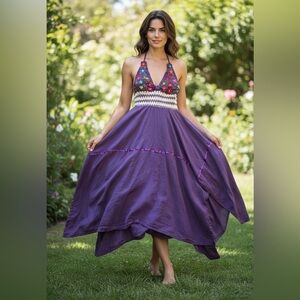 Mexican style Purple Halter Maxi Dress with Crochet Detail-Size Small